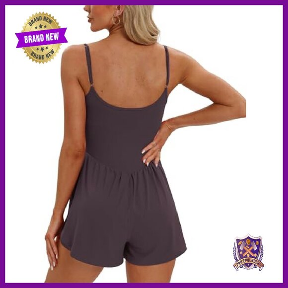Women's Sleeveless Athletic Romper Spaghetti Strap Double Lined Shorts Jumpsuit - Picture 3 of 7